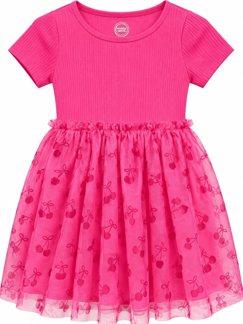 wonder nation Hot Pink Short Sleeve Tulle Dress with Cherry Print